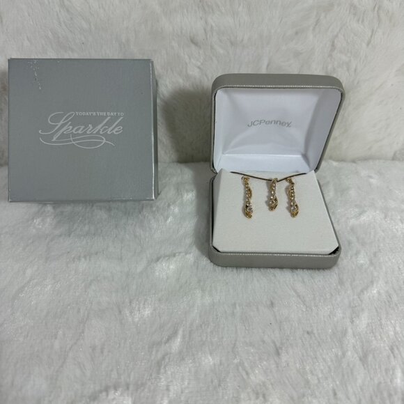Gold Plated Sterling Silver Earrings & Necklace Set With CZ Stones JCPenney Box - Picture 2 of 4